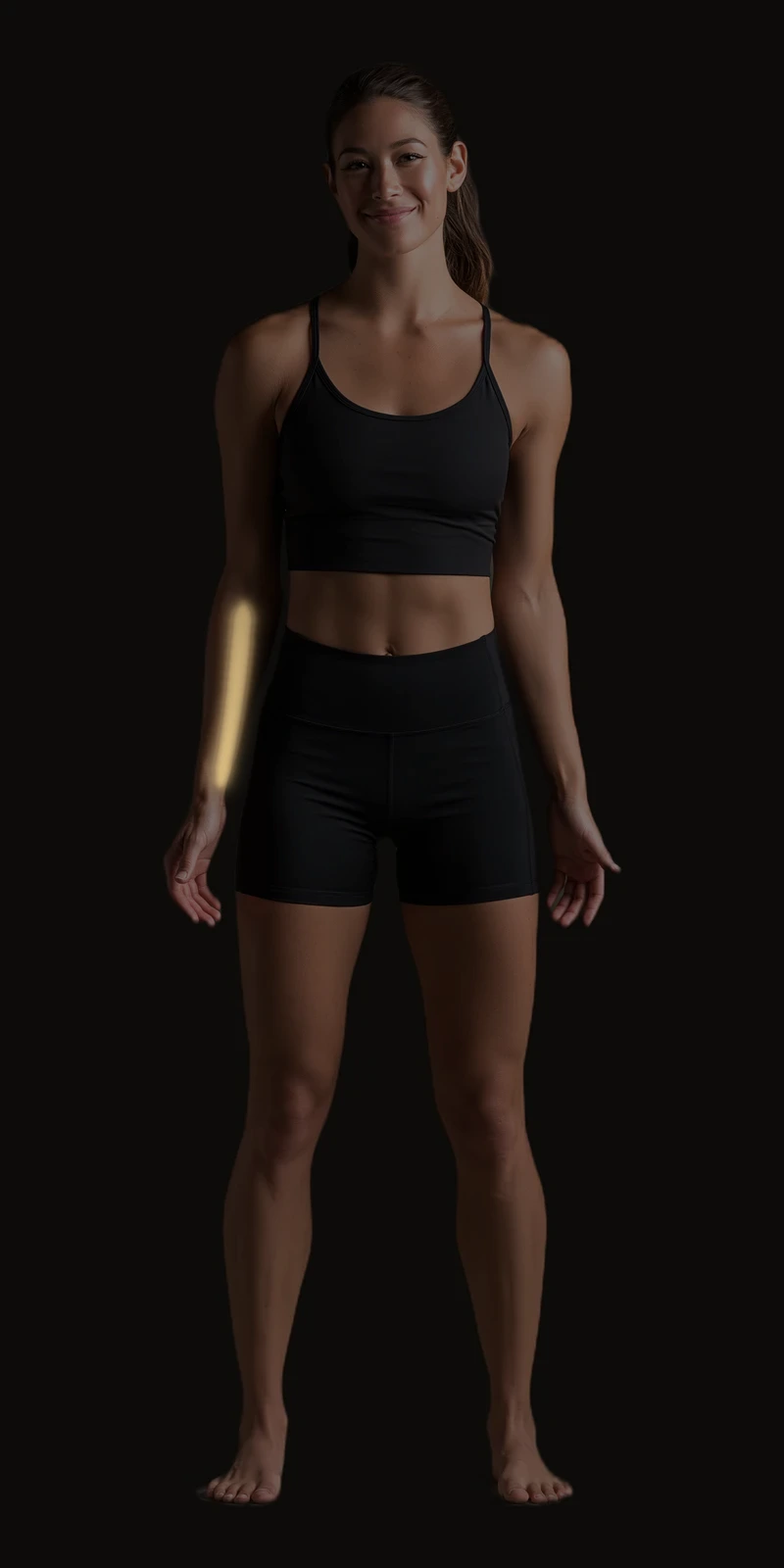 Standing figure, front view. Forearm flexor referral pattern down the front of the forearm into the wrist.