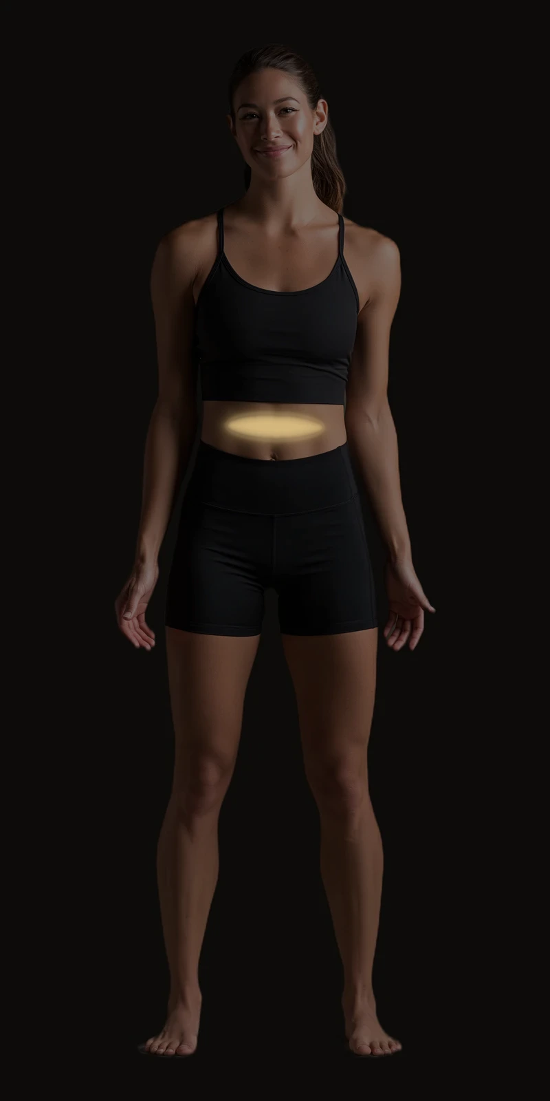 Standing figure, front view. Rectus abdominis referral pattern across the upper abdomen around the navel.