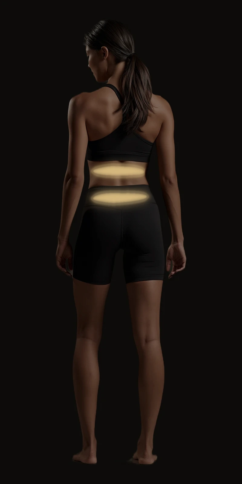 Standing figure, back view. Rectus abdominis referral pattern as horizontal bands across the mid back and the low back.