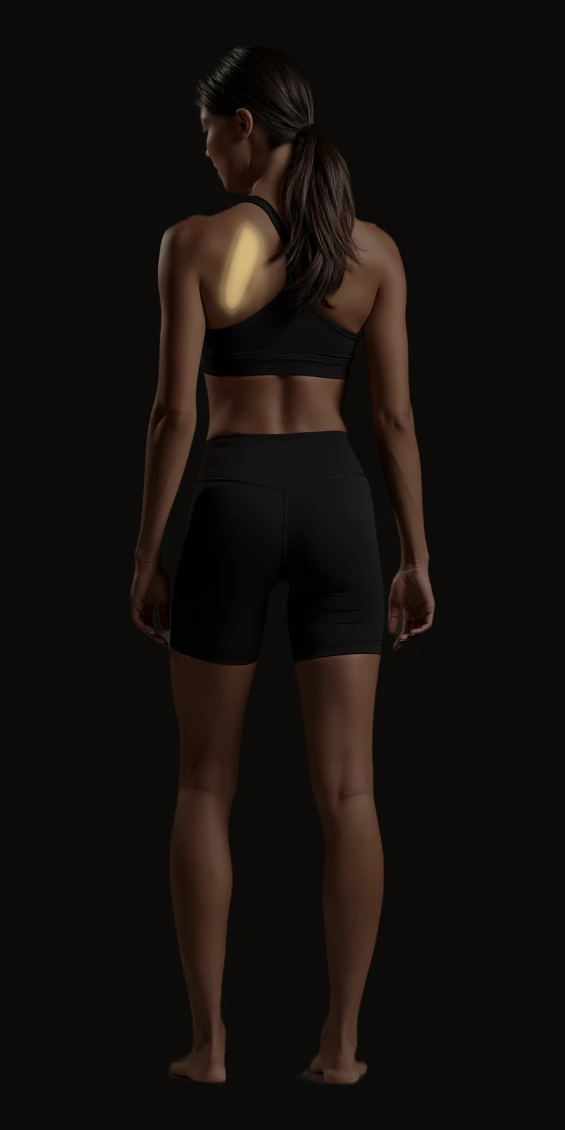 Standing figure, back view. Scalene referral pattern beside the shoulder blade.